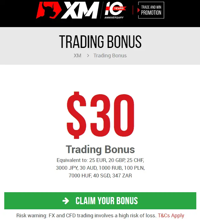 XM $30 No Deposit Bonus
