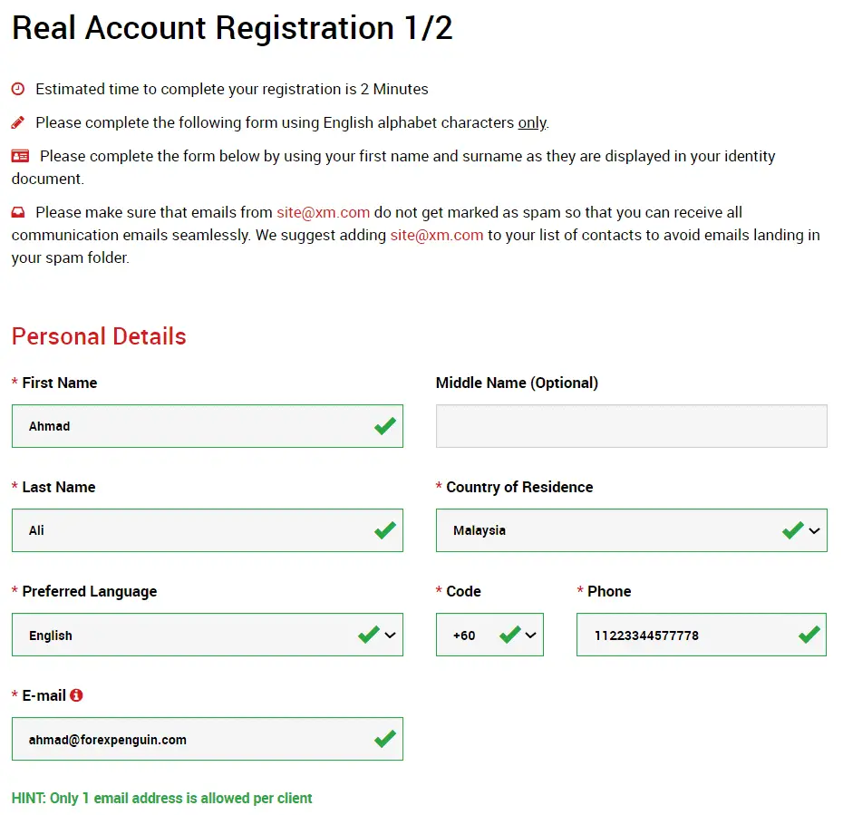 XM real account registration 1 2 a