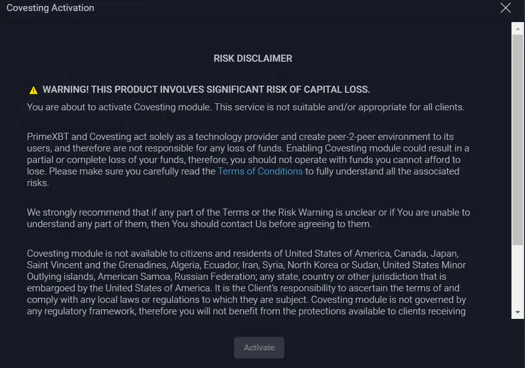 PrimeXBT Review Covesting Activation Risk Disclaimer
