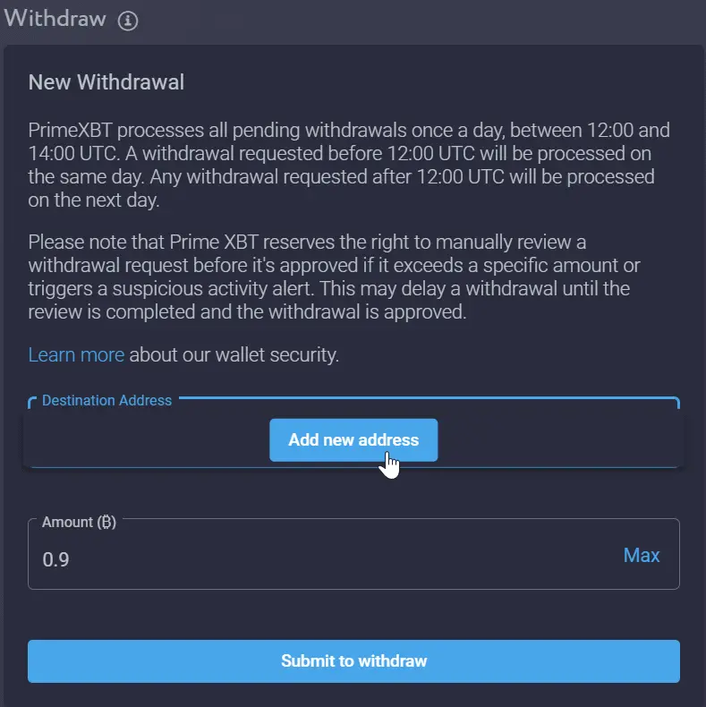 PrimeXBT Review Withdrawal Add New Address