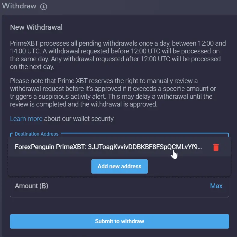 PrimeXBT Review Withdrawal Whitelist Successful