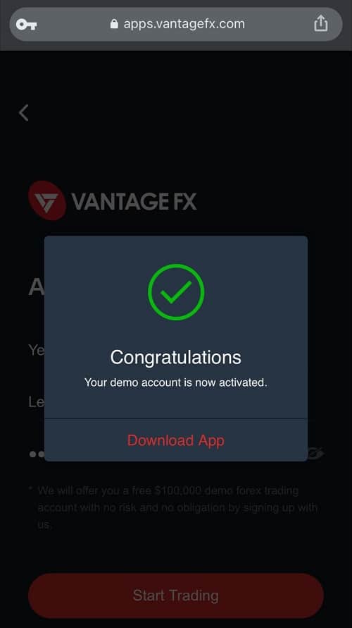 VantageFX $50 NDB Demo Account Created