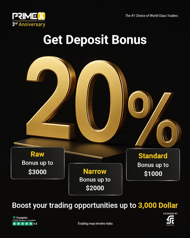 Unlock a 20% Instant Deposit Bonus Up to $3,000 with PrimeX Capital — Boost Your Trading Power Today!
