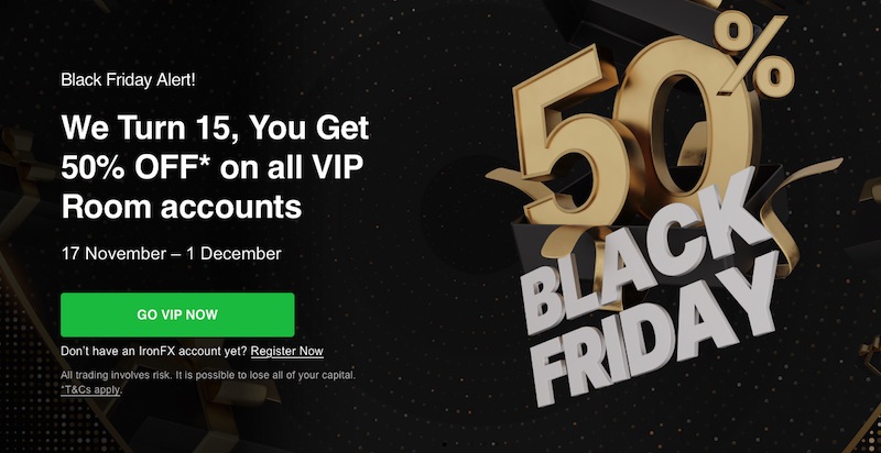 IronFX Launches 50% OFF VIP Room Access for Its 15th Anniversary Black Friday Promotion