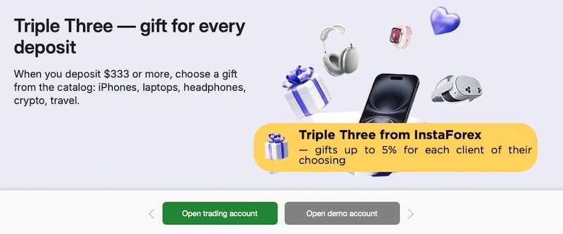 InstaForex Launches Triple Three Promo: Gifts for Every Deposit Over $333