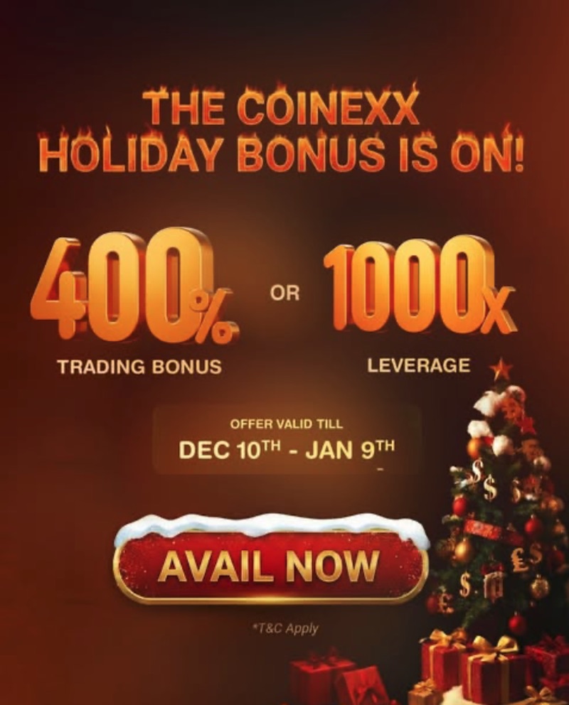 COINEXX Launches Holiday Bonus with Up to 400% Deposit Match and 1000x Leverage
