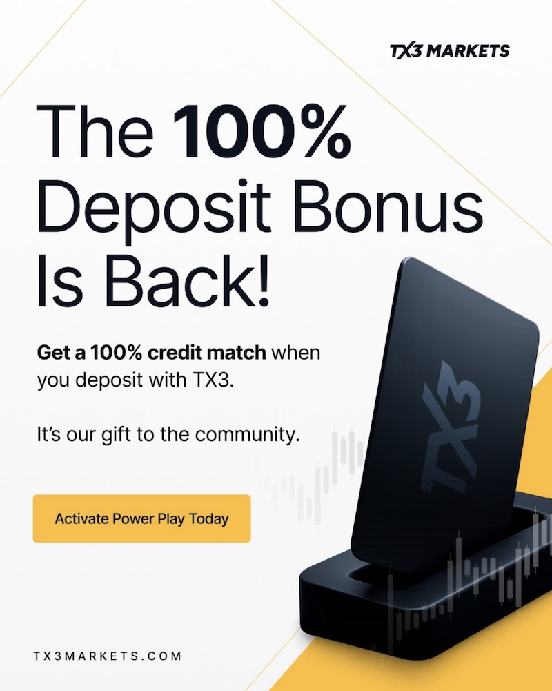 TX3 Markets – 100% Deposit Bonus
