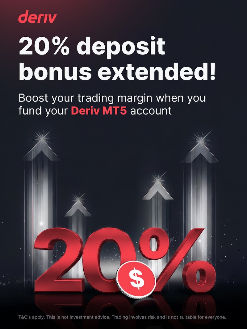 Deriv Extends 20% Deposit Bonus: Unlock Up to $100 Extra Margin on MT5 Before 31 May 2026 Ends
