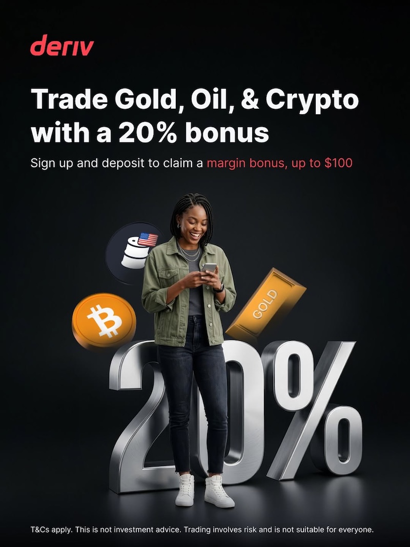 Deriv MT5 Offers 20% Margin Bonus Up to $100 on Gold, Oil and CFDs Valid Until June 2026